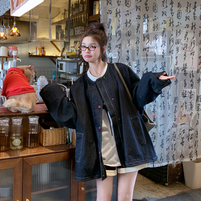 深蓝色牛仔外套女2025春季新款复古设计感小个子宽松减龄圆领夹克,女装短外套,浙宝179 深蓝色牛仔外套女2025春季新款复古设计感小个子宽松减龄圆领夹克,女装短外套,浙宝179