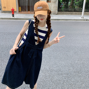 高级感复古牛仔背带裤女夏2025新款学院风宽松薄款蝴蝶结阔腿短裤图片