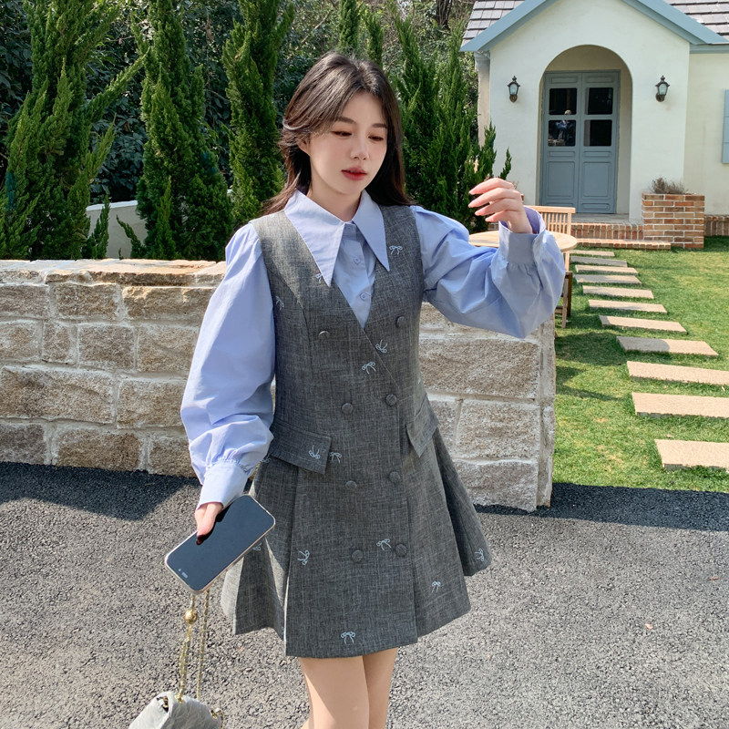 灰蓝学院风刺绣背心裙套装女秋季2025新款小个子连衣裙衬衫两件套,女装套装/套裙,浙宝179