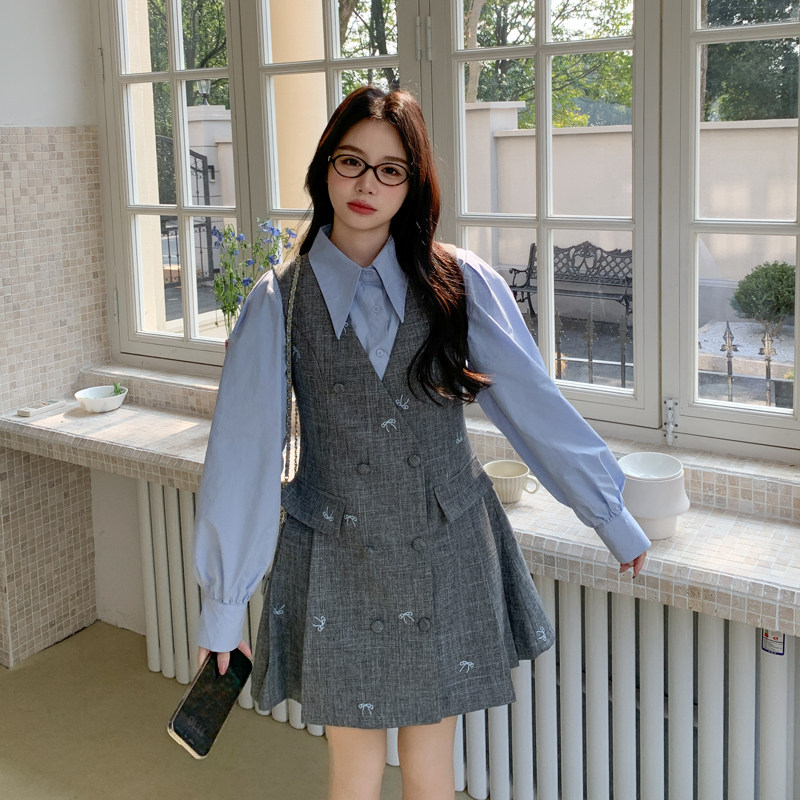 灰蓝学院风刺绣背心裙套装女秋季2025新款小个子连衣裙衬衫两件套,女装套装/套裙,浙宝179