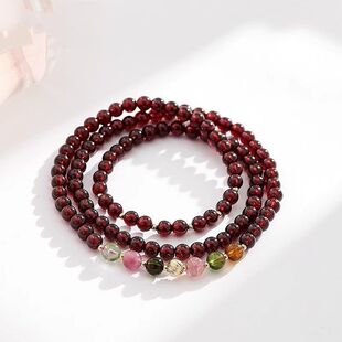 天然石榴石手链女三圈多圈叠戴碧玺水晶手串一月生辰石碧玺手链