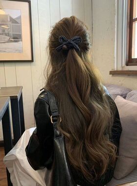 蓝色复古格纹蝴蝶结小肠发圈新款时尚牛仔橡皮筋ins风网红头发绳