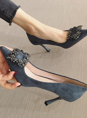 A.D Hepburn~职业高跟鞋2024年新款水钻方扣尖头细跟绒面单鞋黑色