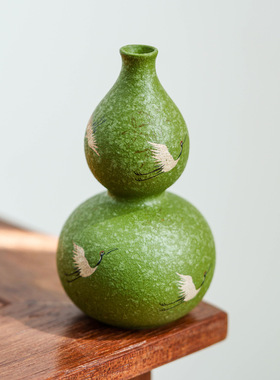 小青柑鹤舞长空陶瓷葫芦花瓶茶宠精品可养摆件茶台茶玩茶器装饰品