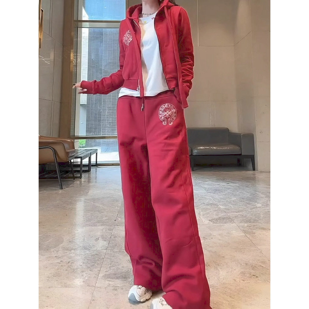 潮牌女士休闲服一整套2025年春季新款红色连帽宽松卫衣两件套