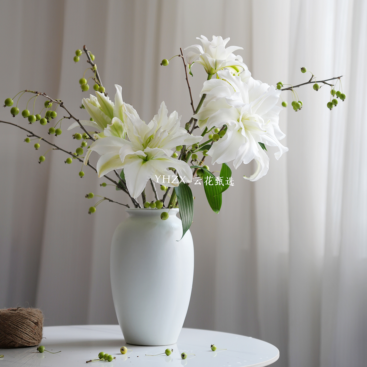 【云花甄选】白衣天使重瓣百合绿色海棠果真的鲜花装饰插花花期长