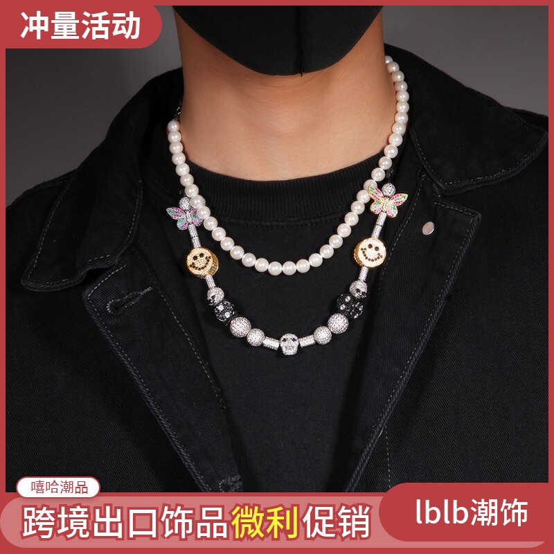asap rocky欧美笑脸骷髅头骰子锆石嘻哈高端网红同款个性男士项链