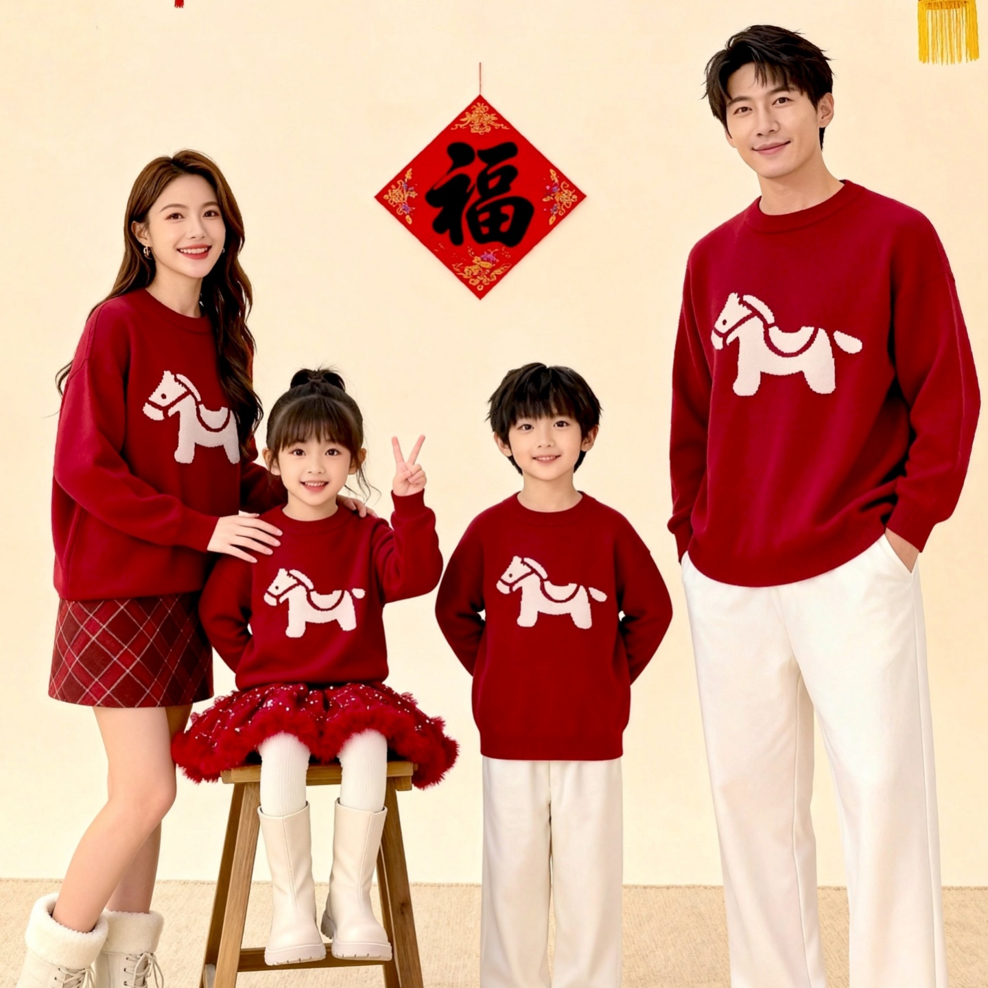 新款红色亲子装毛衣过拜年服母女