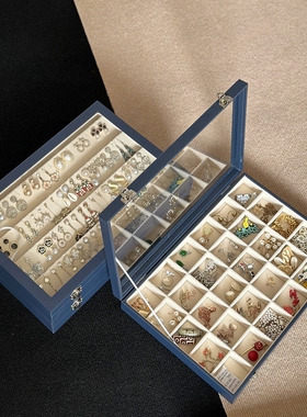 大容量2024新款蓝色pu皮珠丽绒耳钉耳环首饰盒戒指手镯手链项链盒