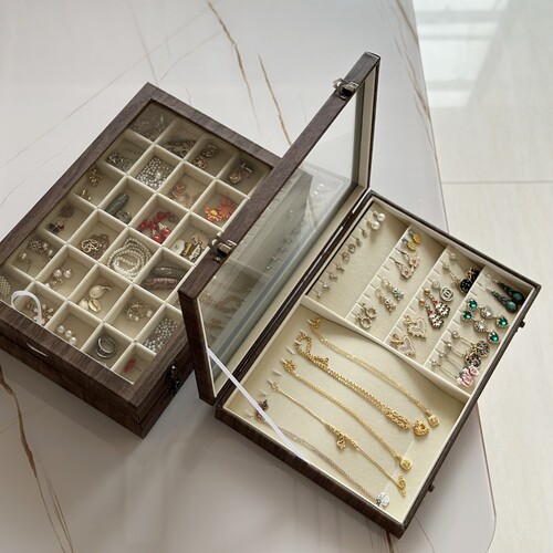 复古色首饰收纳盒透明玻璃盖