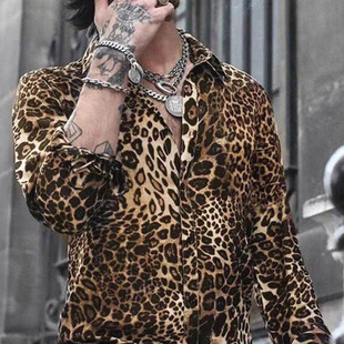 欧美明星同款狂野豹纹长袖衬衫男DJ歌手主播演出服迪斯科冰丝衬衣