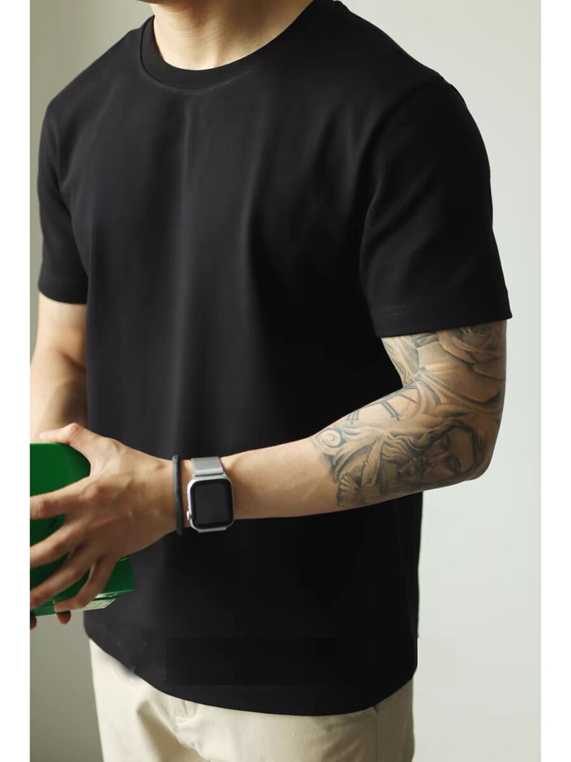 欧货天丝棉冰丝工装t恤男修身弹力三分短袖小领口休闲百搭打底衫