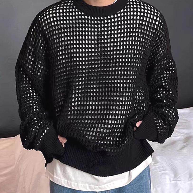 慵懒风镂空洞洞针织衫男高级感宽松长袖卫衣圆领套头格子线衣t恤,男装,针织衫/毛衣,淘宝优惠券,粉丝福利购,淘宝优惠卷