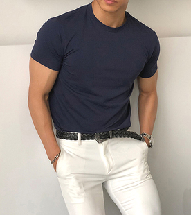 全棉透气运动打底衫 美国队长纯棉t恤肌肉男高级感修身 小领口短袖