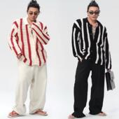 欧货镂空条纹针织开衫 男高级感宽松翻领外套性感透视撞色毛织线衣