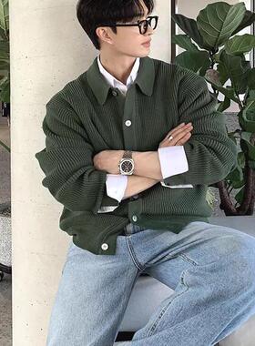 高级感绿色针织开衫男美式复古翻领工装外套单排扣坑条纹毛线衣潮