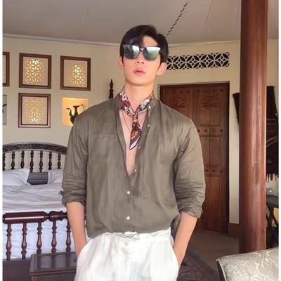 法式立领棉麻衬衫薄款修身长袖