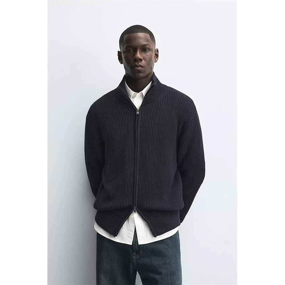 双拉链针织开衫中高领修身长袖