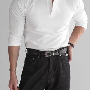 欧货纯棉亨利领工装t恤男高级感修身长袖半开扣门襟领打底亨利衫