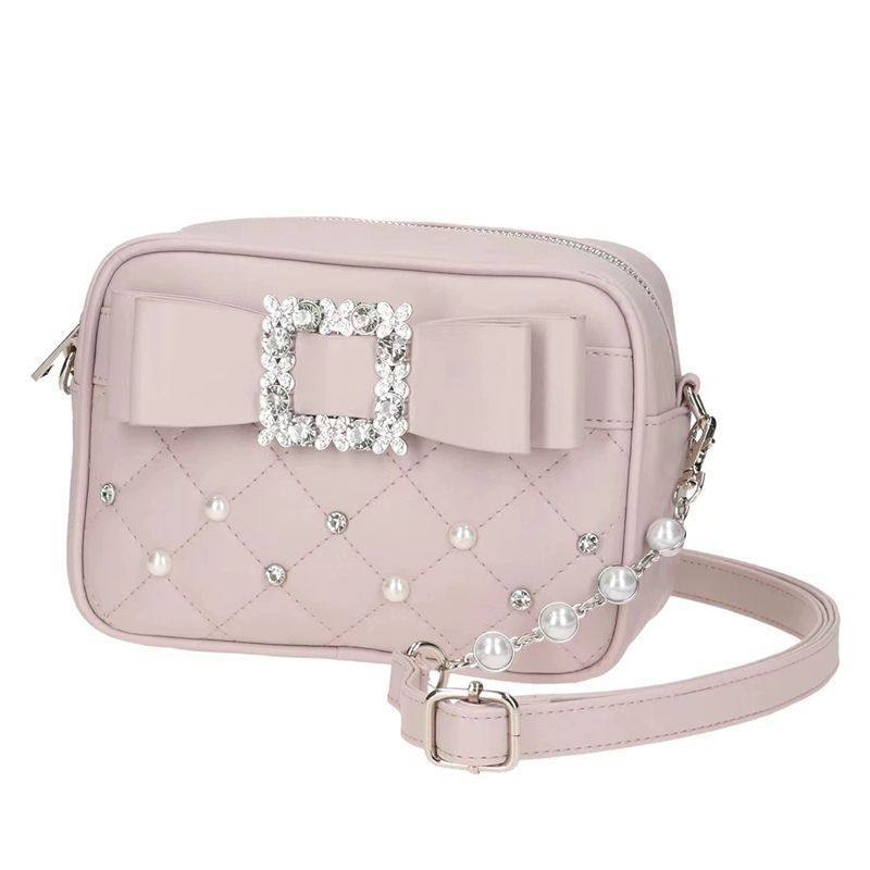 thumbnail for Bow bag girly fashion new pearl shoulder crossbody bag rhinestone rhombic sweet small square bag