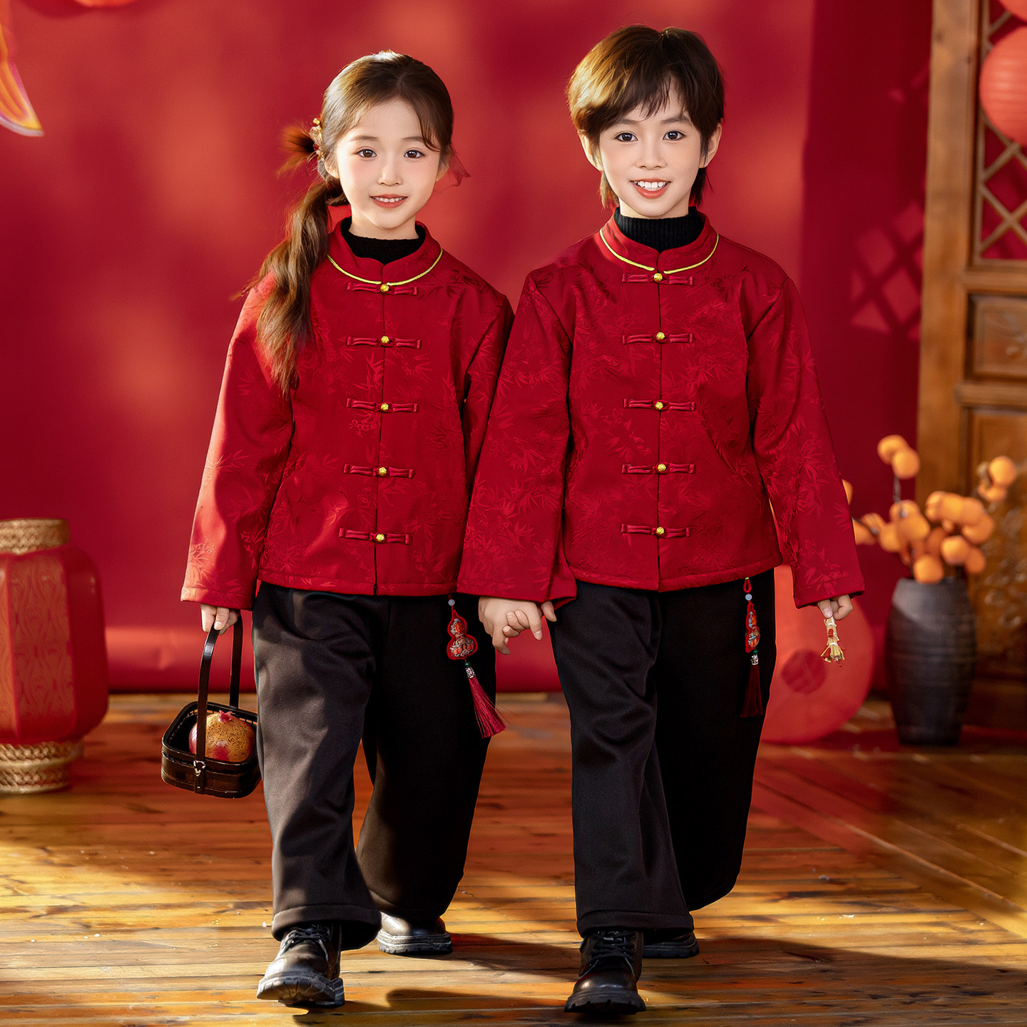 拜年服女童汉服中国风加绒男童唐装秋冬季宝宝周岁礼服儿童演出服