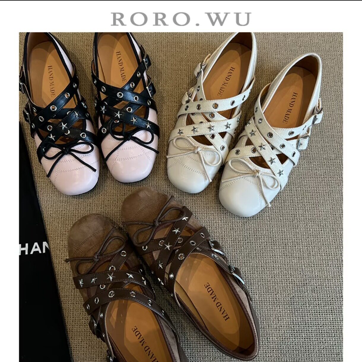 牛皮版~复古法式小香风交叉带玛丽珍女鞋新款蝴蝶结铆钉芭蕾舞鞋