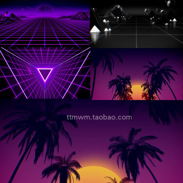 4个4k80年代复古未来科幻蒸汽波循环舞台背景动画视频素材vjloops