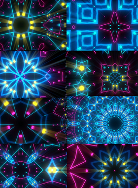9个蓝色霓虹万花筒VJLOOP视频素材Lights Tunnelst舞台背景大屏幕