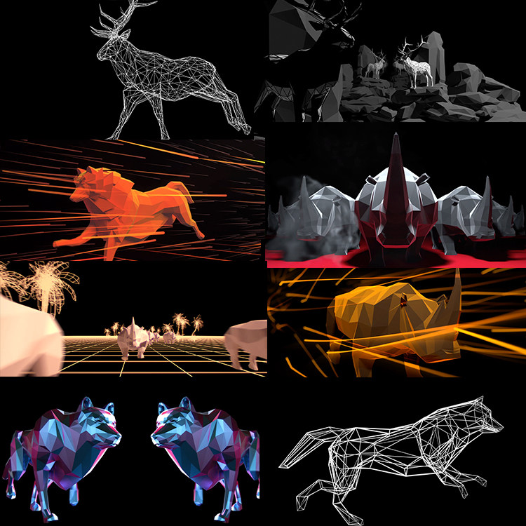 舞台背景大屏vjloops 26个点线面几何奔跑动物视频素材lopolyzoo