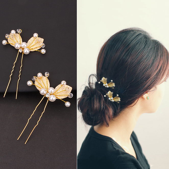 欣妮韩式发插盘发u型插简约时尚金色叶子发簪子新娘发叉发夹发卡