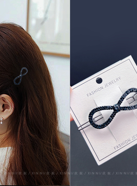 韩系发夹百搭时尚深蓝色蝴蝶结发卡少女侧边夹水钻头饰青蛙扣夹子