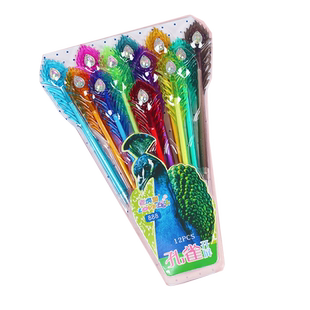 孔雀羽毛笔学生彩色中性笔钻石头12色中性笔手账笔彩绘全针管可爱卡通学生中性笔0.38mm多色孔雀开屏中性笔