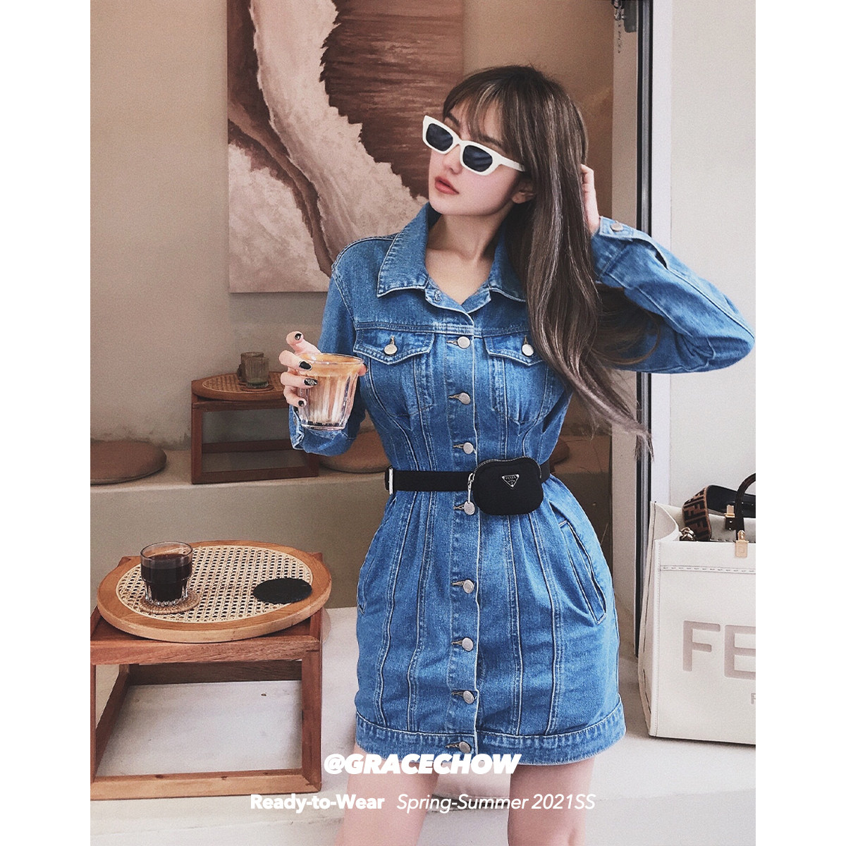 gracechow 周扬青 浅蓝色复古蓝色牛仔连衣裙女长袖包臀牛仔裙子
