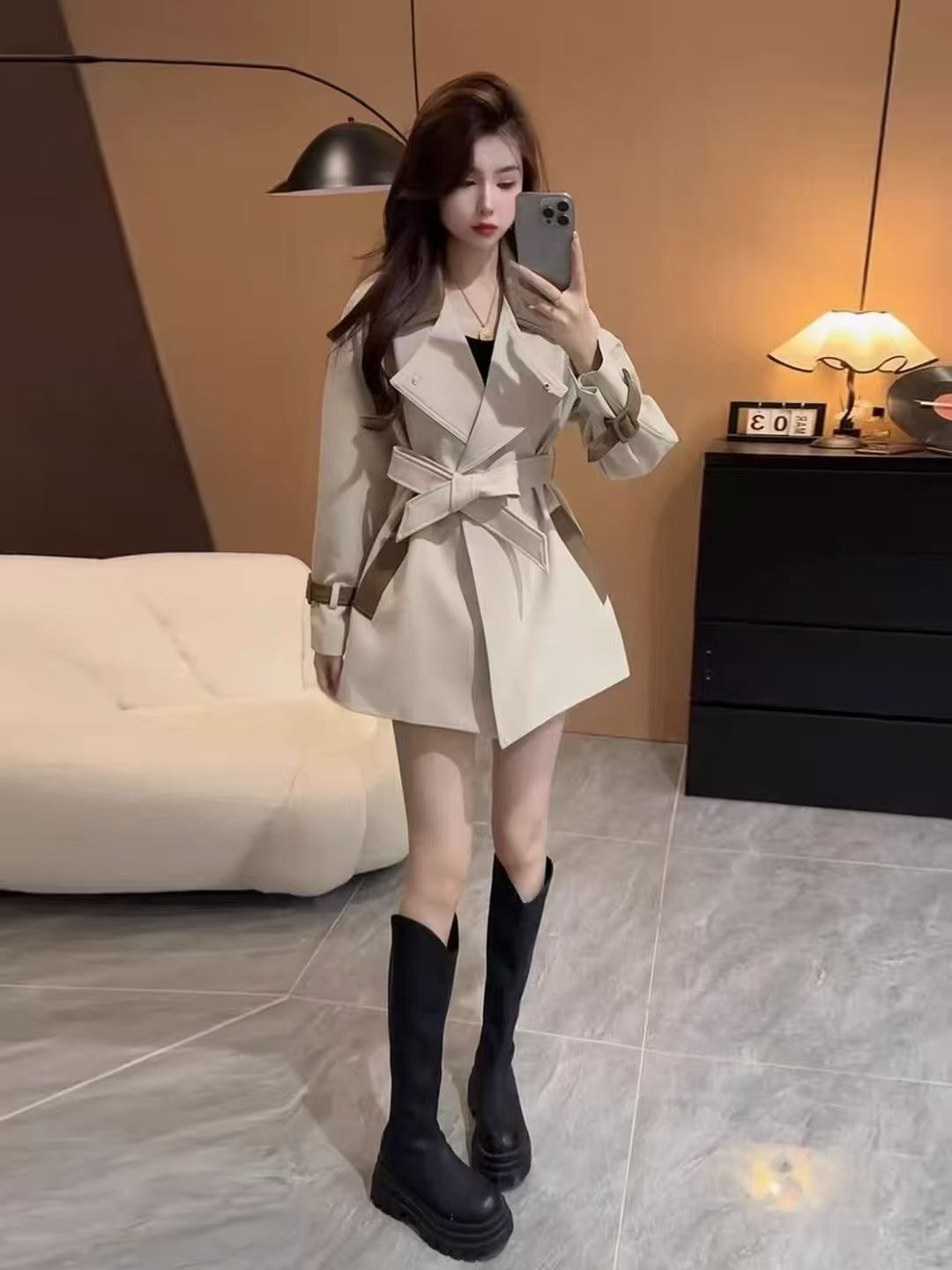复古风衣外套女2025秋冬新款拼接淑时尚女气质束腰显瘦百搭大衣潮