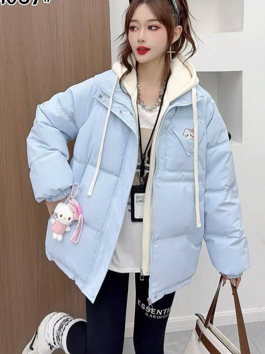 假两件连帽棉服女2025冬季新款韩版休闲宽松百搭加厚保暖棉衣外套