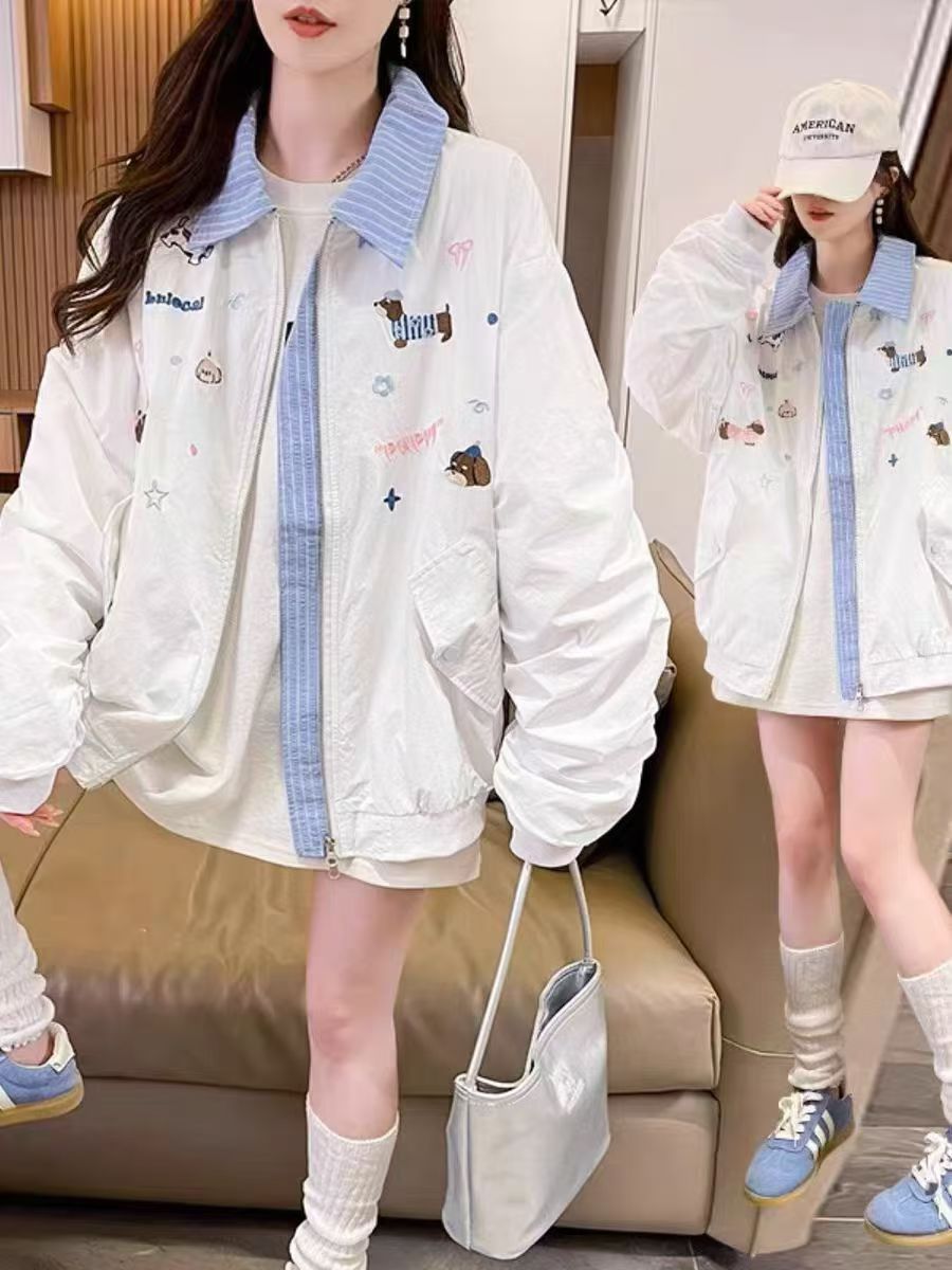 外套女2025秋季新款韩版翻领宽松休闲百搭刺绣卡通图案夹克外套潮