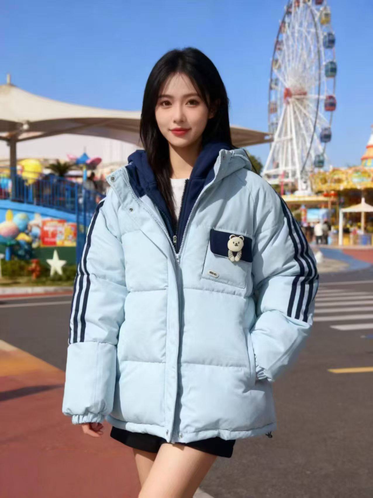 可爱条纹拼接棉服外套女2025冬季新款休闲宽松加厚保暖百搭衣潮