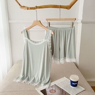 300斤大码冰丝吊带无袖背心蕾丝花边睡衣女夏家居服短裤两件套装