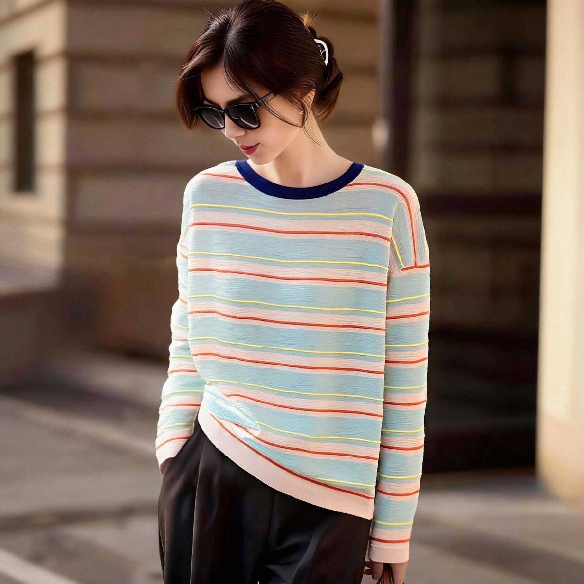 大码宽松长袖T恤女2026春秋季新款韩版时尚条纹撞色休闲套头上衣