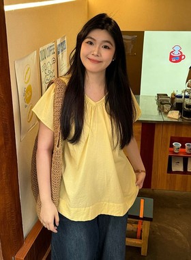女士夏季新款韩系v领短袖衬衫黄色显白遮肉T恤大码300斤休闲上衣