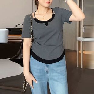 大码300斤正肩辣妹小众上衣女夏季短袖胖mm显瘦假两件美式复古t恤