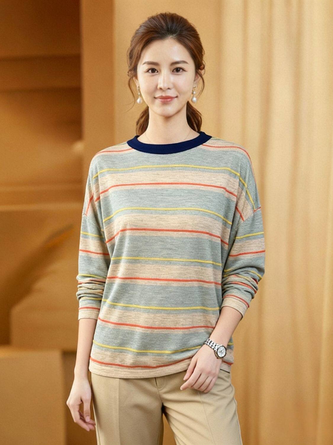 大码300斤长袖T恤女士春秋新款韩版时尚套头条纹撞色休闲百搭上衣
