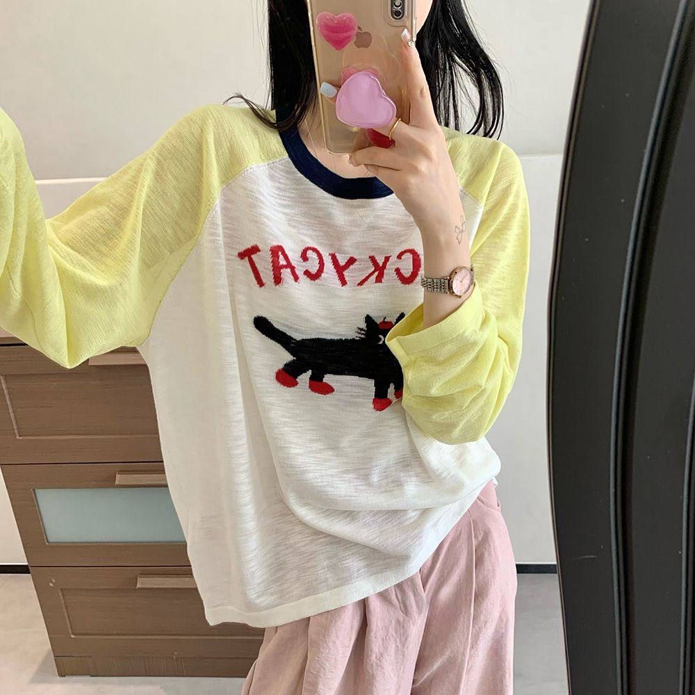 大码300斤小猫印花女夏季插肩拼色上衣宽松慵懒风长袖防晒罩衫T恤