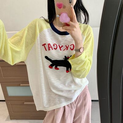 大码300斤小猫印花女夏季插肩拼色上衣宽松慵懒风长袖防晒罩衫T恤