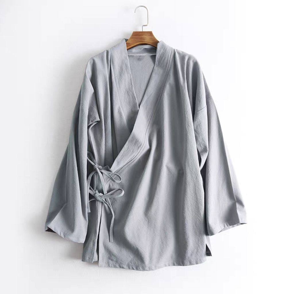 中式交领汉服衬衫男女款春秋季斜襟系带改良茶服休闲长袖上衣大码