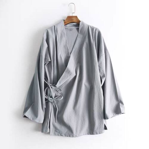 中式交领汉服衬衫男女款春秋季斜襟系带改良茶服休闲长袖上衣大码