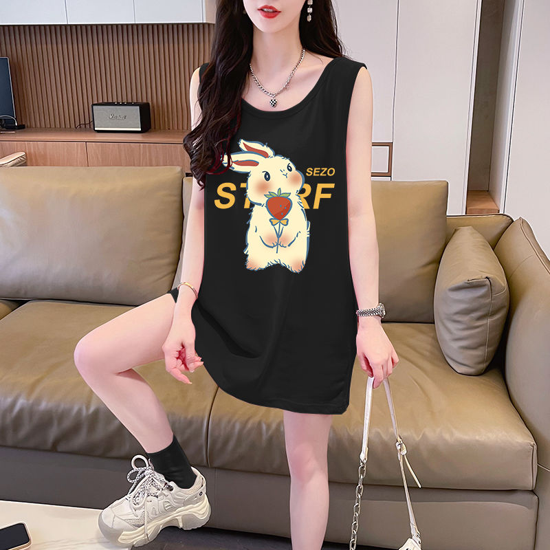 多巴胺穿搭夏季无袖t恤女300斤宽松中长款遮肉大码坎肩小背心上衣