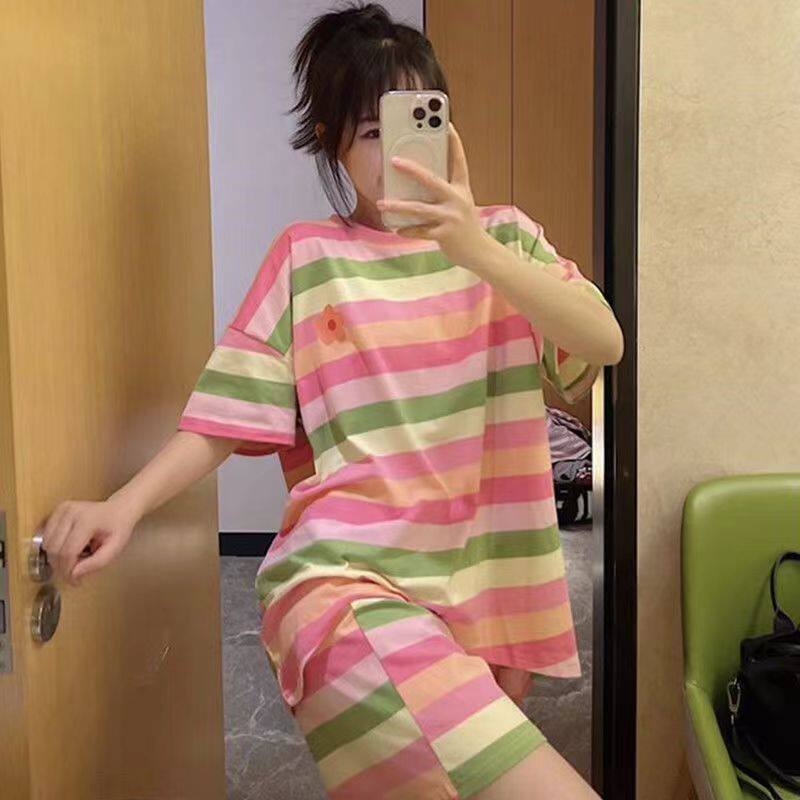 大码300斤夏季条纹休闲运动套装女宽松短袖短裤两件套睡衣家居服