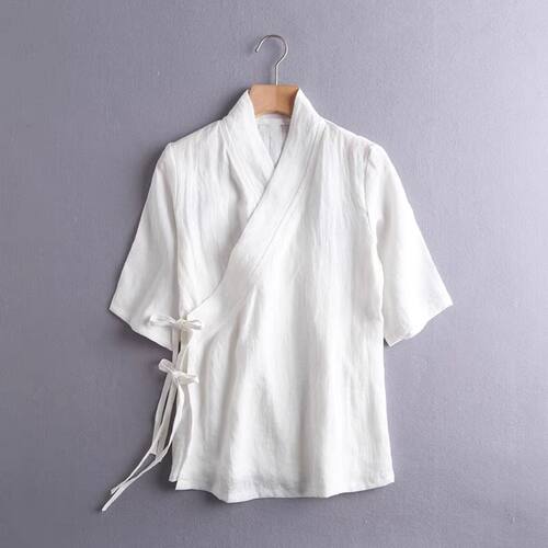 一片式系带交叉领女夏冰丝中式汉服改良茶禅服短袖上衣大码300斤