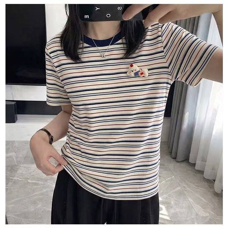 小清新条纹短袖T恤衫夏季新款小狗装饰学院风减龄百搭上衣女大码